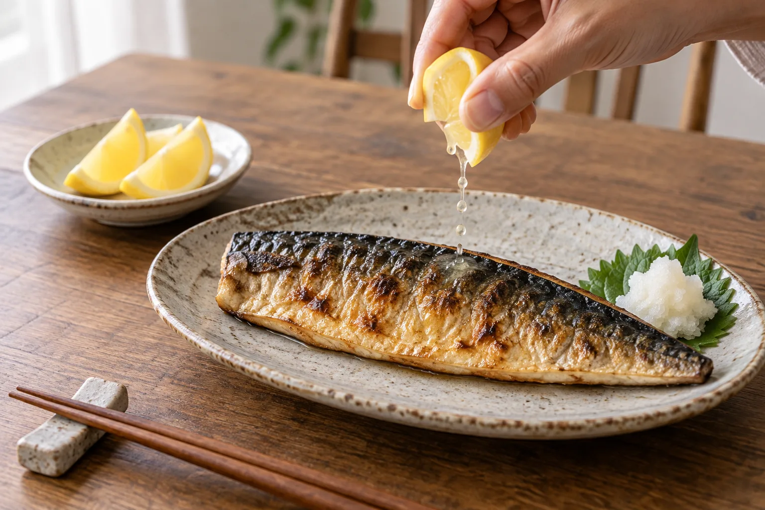 陶器の皿の焼き魚にレモンを絞る食卓の場面