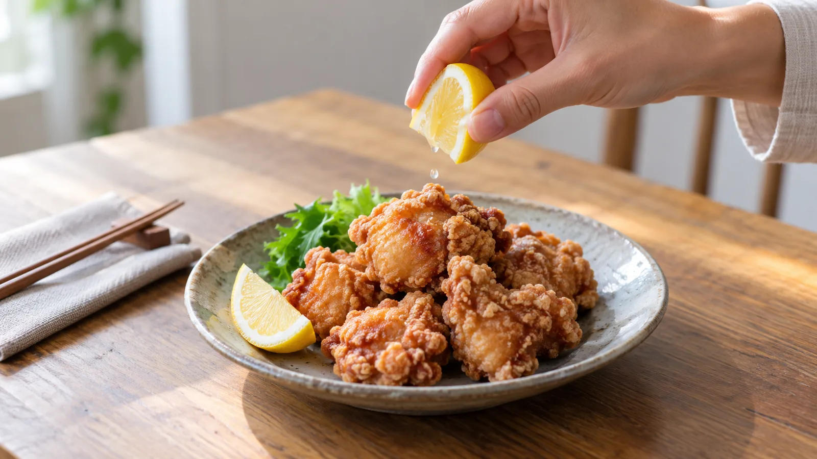 陶器の皿の鶏の唐揚げに手でレモンを絞る場面